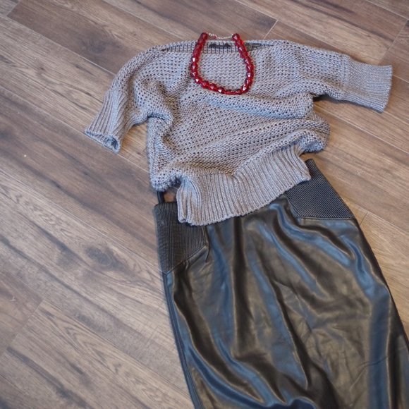 Gray Knit Sprit Sweater& Faux Leather Skirt - Picture 6 of 15